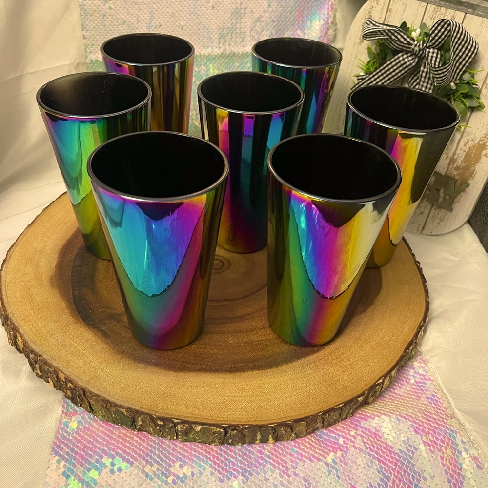 Vtg Carnival Glass ELECTRIC BLUE Oilslick Set of 7 Glass Tumblers